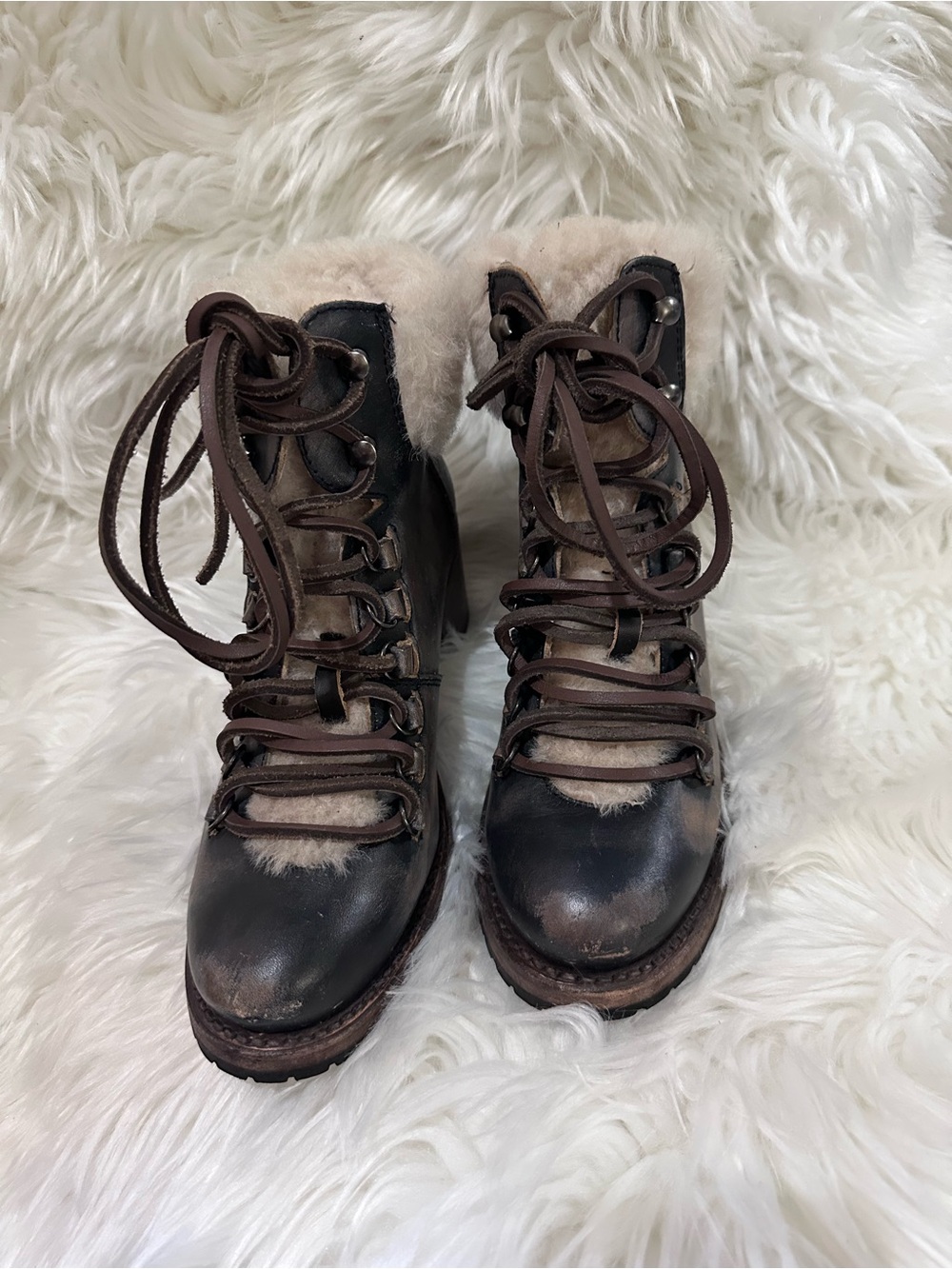 Freebird Norway Brown Leather Shearling Lace-Up Ankle Boots